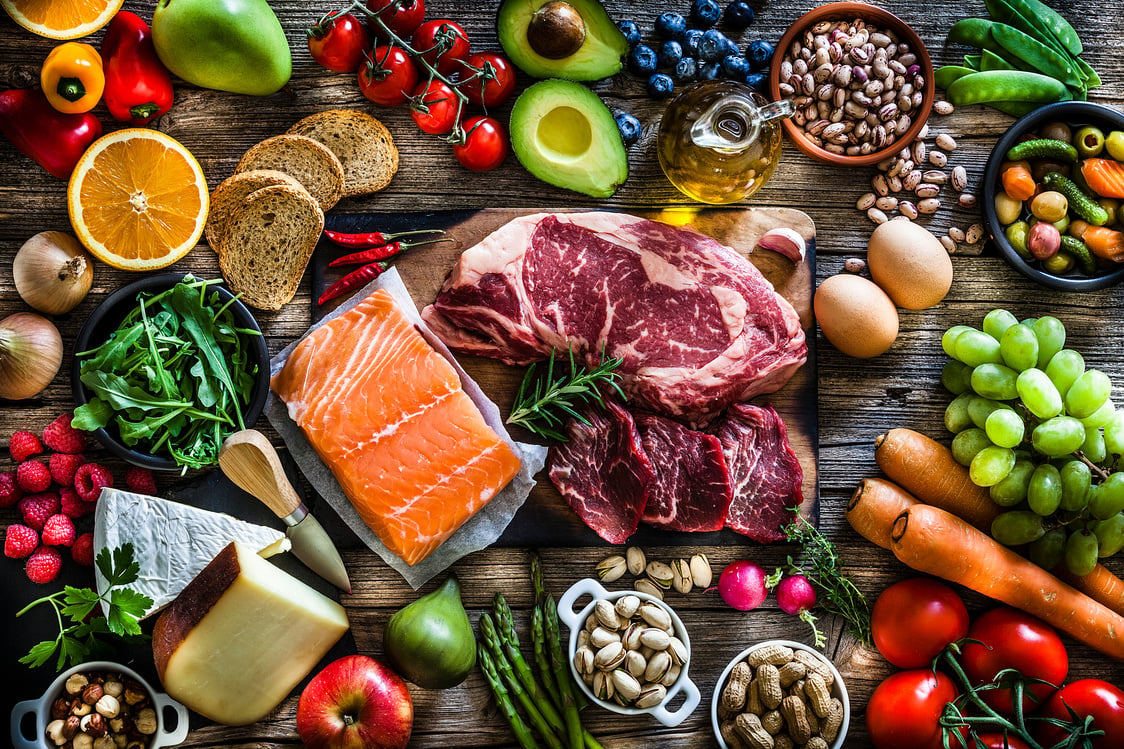 Food backgrounds: table filled with large variety of food